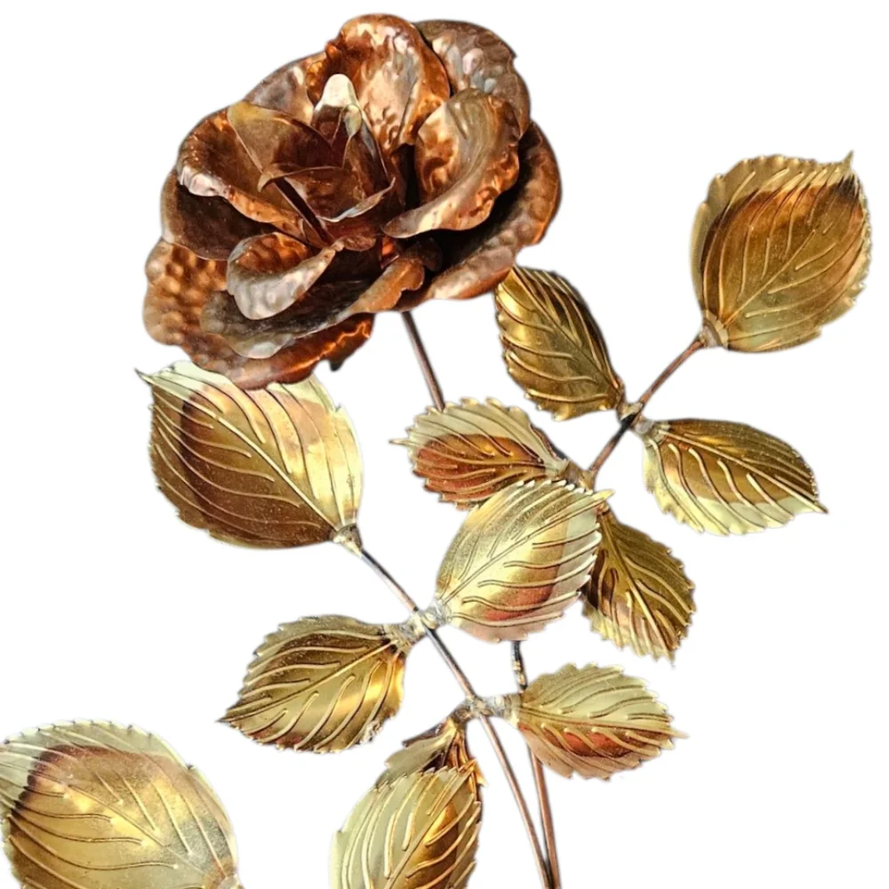 HOMCO Vintage Copper Brass 14” Long Stem Rose/Leaves 3D Metal